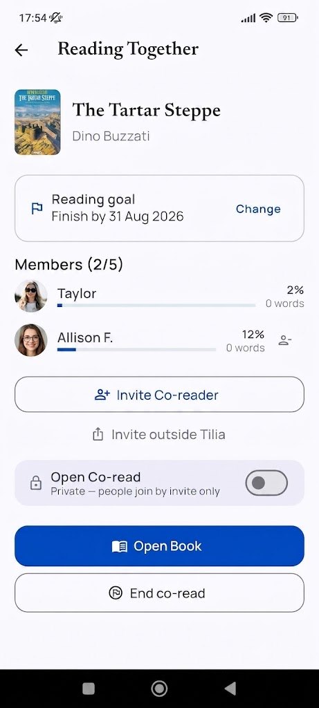 A Tilia co-read: the book, a shared finish date, and each member&rsquo;s progress